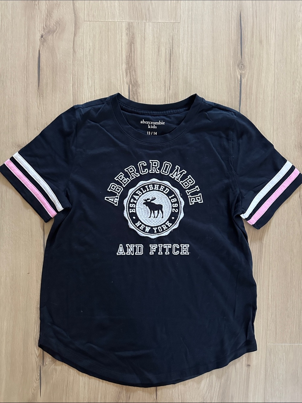 Abercrombie & Fitch Black Tee with Pink & White Sleeve Stripes